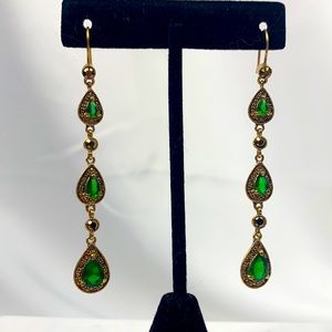 Monet Signed Multi Tiered Drop Earrings - Faux Emerald/Gold/Rhinestone, 2.25”